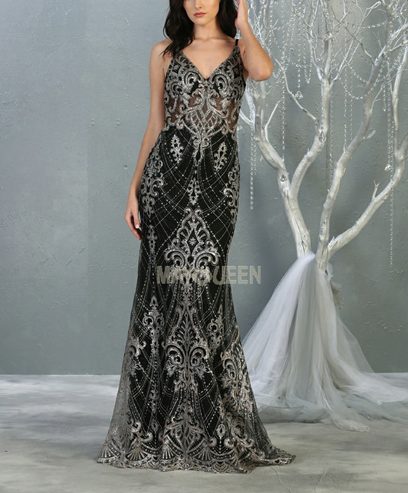 New black/multi glitter pattern long gown with semi open back fitted